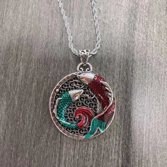 Tibetan Copper Koi Fish Healing Necklace – close-up koi fish carving, intricate scale texture