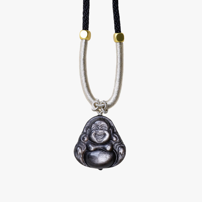 Cinnabar Laughing Buddha Yin Yang Zodiac Necklace – comparison with hand for size, compact spiritual pendant