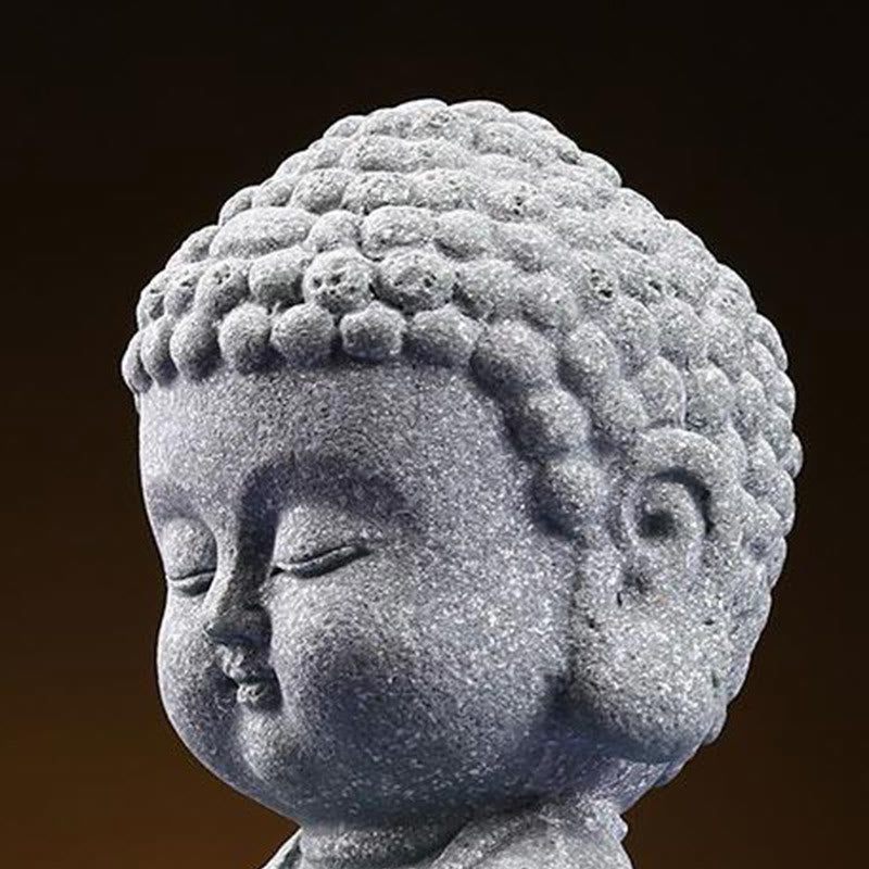 Meditation Praying Buddha Statue – statue on white pebble bed in shallow bowl, garden miniature