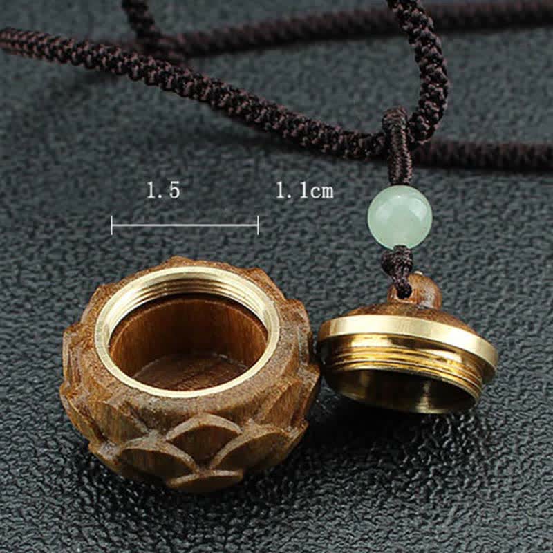 Om Mani Padme Hum Necklace – Open lotus locket pendant with brass threading, 1.5cm diameter, carved wood interior