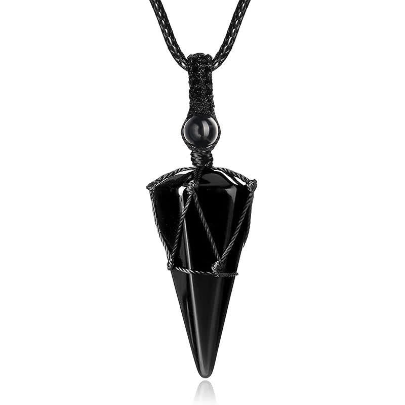 Obsidian Protection Set – black obsidian arrow pendant cord white background, energy cleansing stone