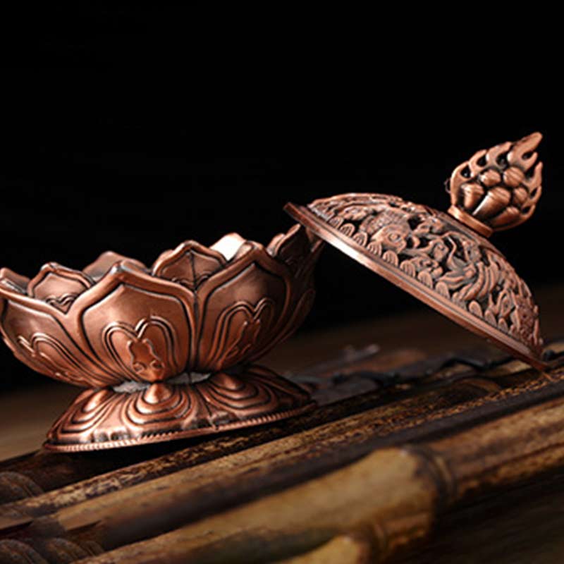 Lotus Shaped Incense Burner - Copper lotus bowl with lid beside on black background, Ritual serenity