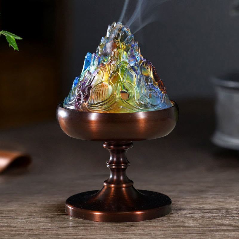 Crystal Mountain Incense Burner – iridescent glass peak on bronze base with smoke, backflow incense burner Imagen principal del producto