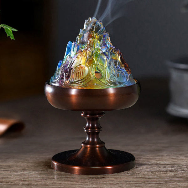 Crystal Mountain Incense Burner – iridescent glass peak on bronze base with smoke, backflow incense burner
