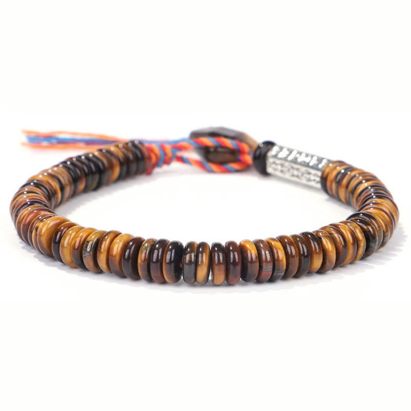 Tiger Eye Om Mani Padme Hum Bracelet - elevated view highlighting adjustable cord closure