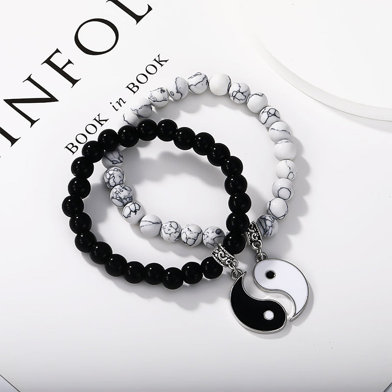 Yin Yang Protection Couple Bracelet - Black onyx and white howlite bead bracelets with silver yin-yang pendants, matching ...