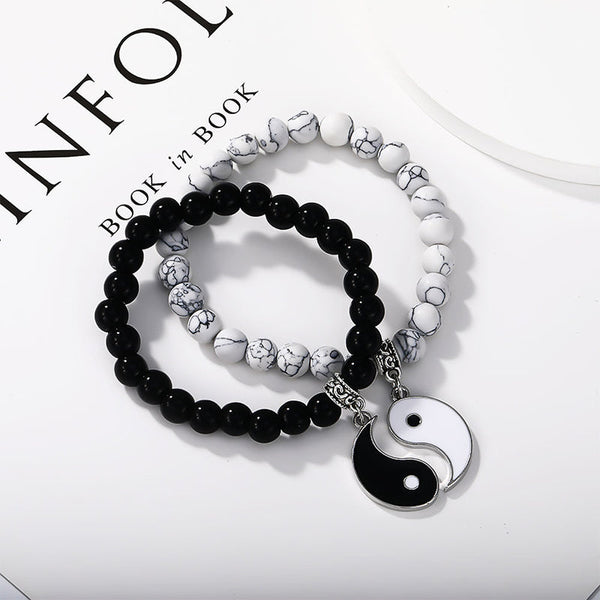 Yin Yang Protection Couple Bracelet - Black onyx and white howlite bead bracelets with silver yin-yang pendants, matching ...