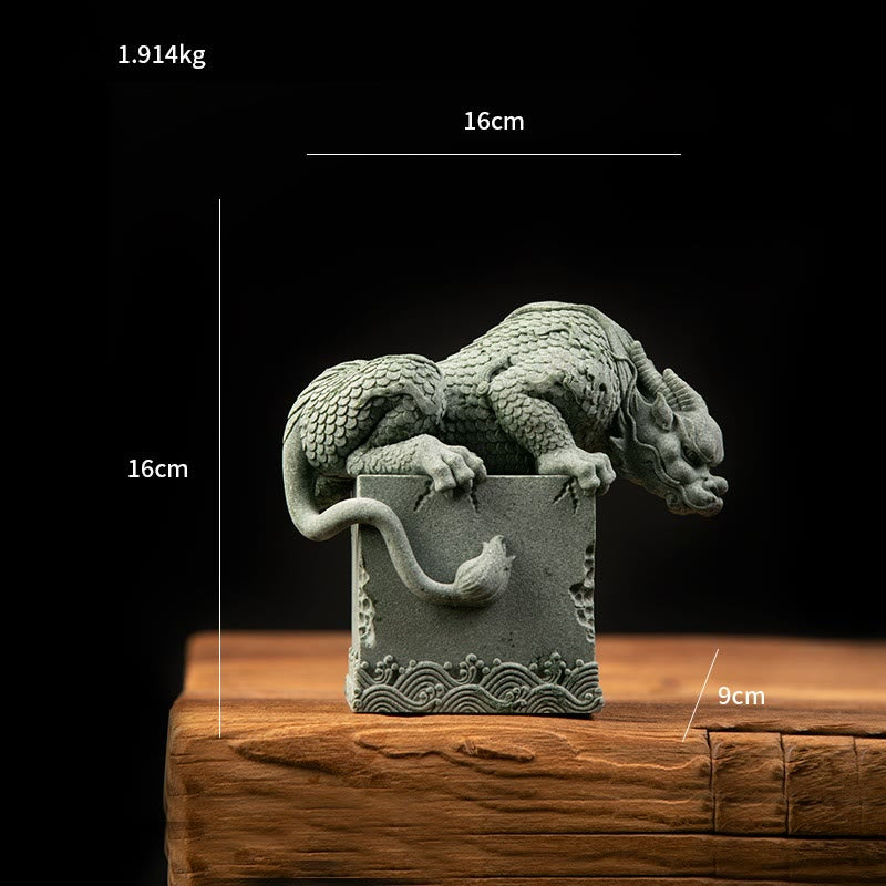 Feng Shui Dragon Sandstone Statue crouching dragon profile on stone, foliage backdrop, tranquil, natural