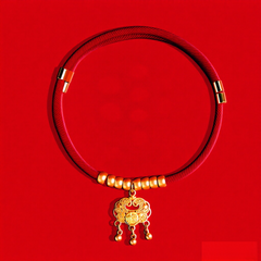 Longevity Lock Pet Collar - Red cord with gold longevity lock and ruyi cloud pattern with bells, lucky pet necklace