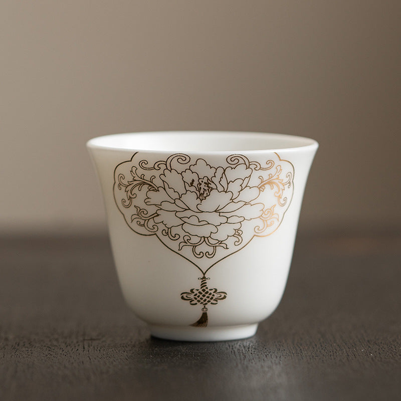 Ceramic Kung Fu Tea Cup – five-design grid showing landscape, deer, peony, outline peony and lotus styles, collection