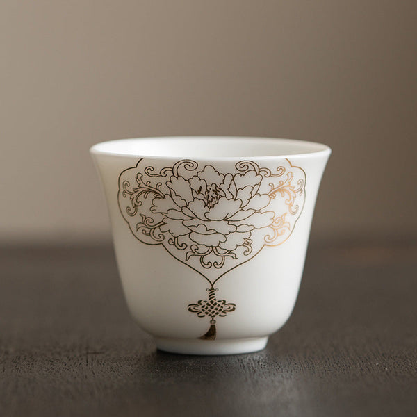 Ceramic Kung Fu Tea Cup – five-design grid showing landscape, deer, peony, outline peony and lotus styles, collection