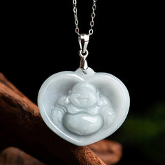 Laughing Buddha White Jade Luck Blessing Titanium Steel Necklace Pendant – Polished white jade Hotei steel amulet