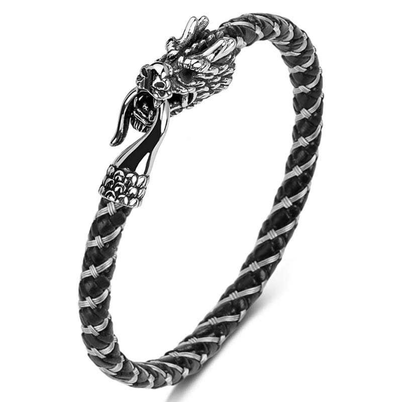 Dragon Protection Bracelet - Wire-wrapped black leather with dragon head, Artistic