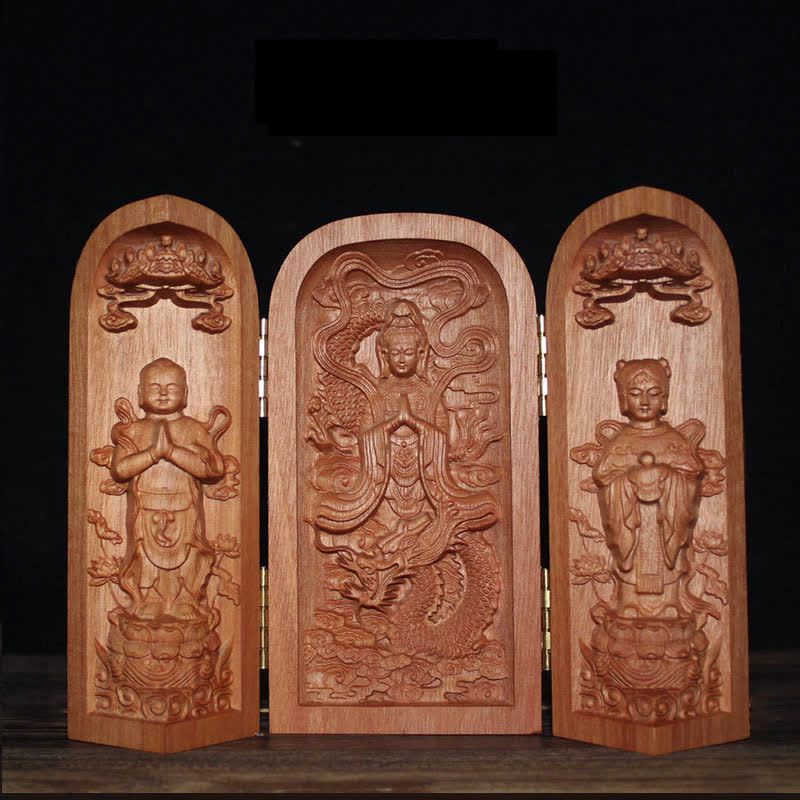 Kwan Yin Buddha Close-up – lotus pedestal detail, wood carving
