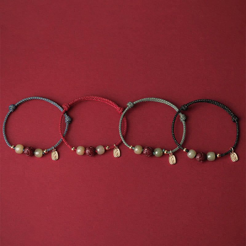 Hetian Jade Cinnabar Lotus Bracelet – Four cord colors in a row blue red green black, all color options