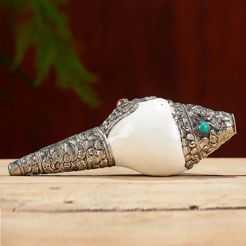 Tibetan Shankha Conch Shell Decoration – Conch on carved wood stand, burgundy backdrop, silver filigree, Display