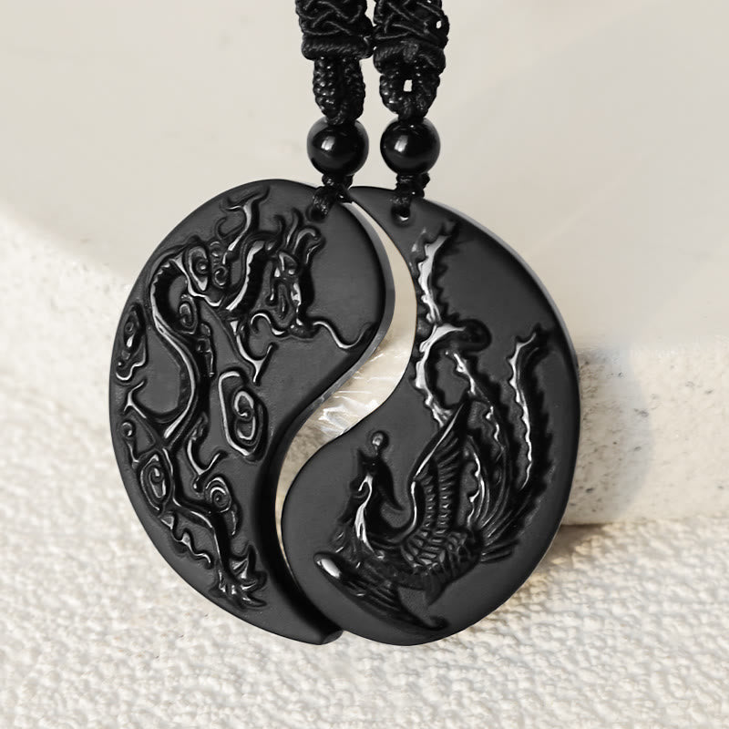 Black Obsidian Dragon Phoenix Necklace - Split yin yang pendants with white stone inlay on fabric, Protection