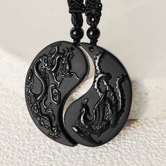 Black Obsidian Dragon Phoenix Necklace - Split yin yang pendants with white stone inlay on fabric, Protection