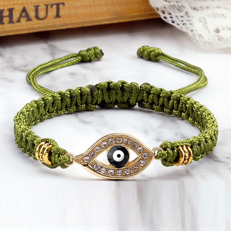 Olive green cord evil eye bracelet with gold evil eye crystal charm, marble styling
