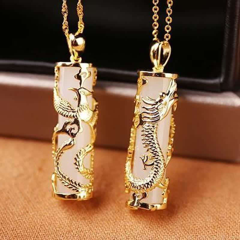 Jade Dragon Phoenix Copper Pendant – Matching dragon and phoenix jade cylinders on gold chains, harmonious