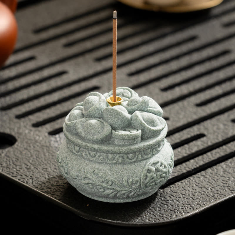 Fu Character Sandstone Incense Burner – ingot lid on black tea board, sandstone incense holder