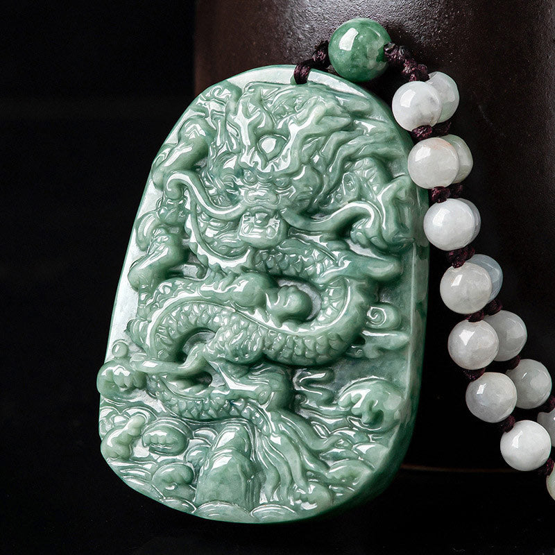 Chinese Zodiac Dragon Jade Necklace - Green jade dragon pendant with white jade bead strand on black, Luck