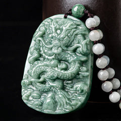 Chinese Zodiac Dragon Jade Necklace - Green jade dragon pendant with white jade bead strand on black, Luck