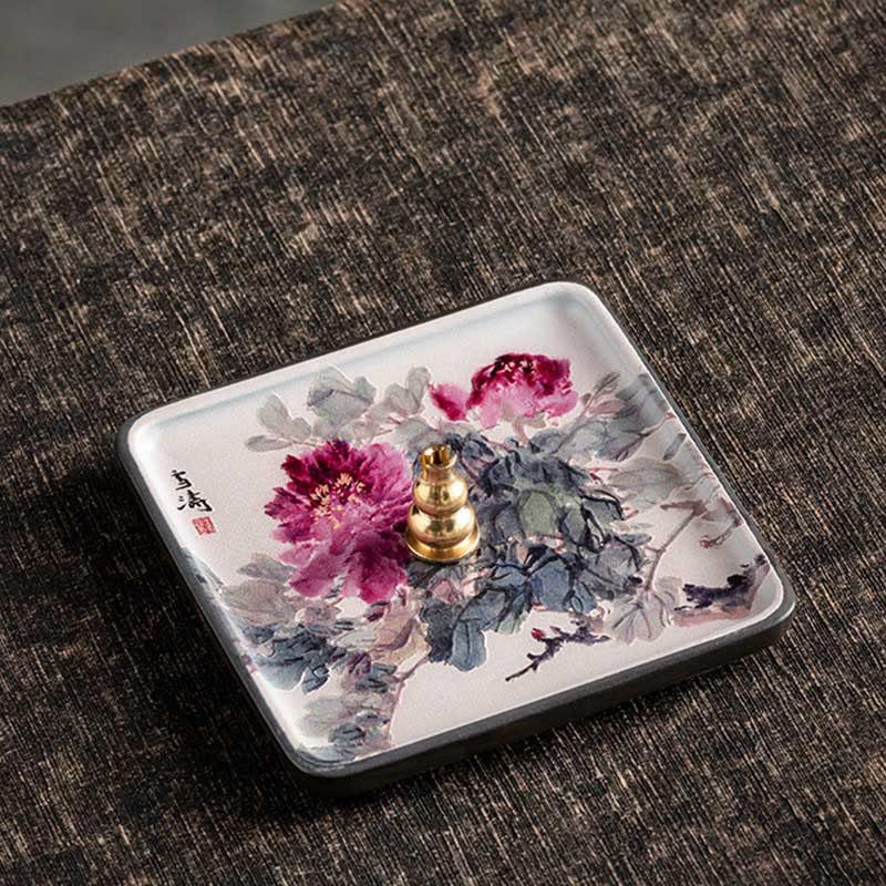Peony Incense Plate – Pink peony painting with calligraphy and red seal on ceramic dish with brass holder