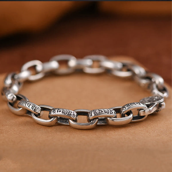 Double Dorje Wisdom Bracelet - Antiqued oval links with Tibetan script on warm brown surface, mens bracelet