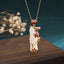 White Jade Bamboo Lotus Necklace – Gold bamboo pendant with red enamel flowers and pearls on dark wood, jade necklace