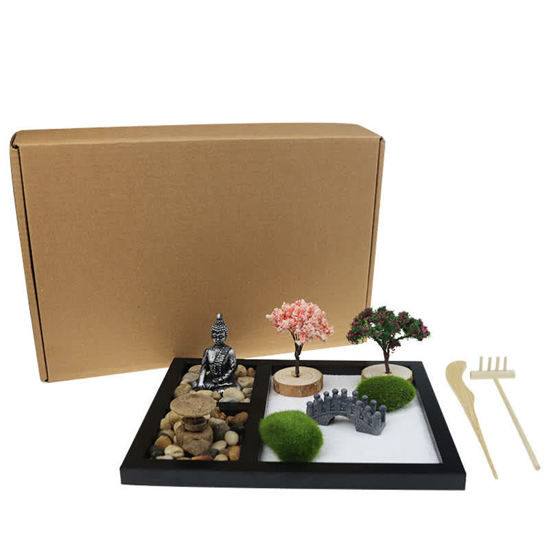 Buddha Zen Garden Decoration - Zen garden set with brown gift box, Buddha statue, trees, bridge and raking tools