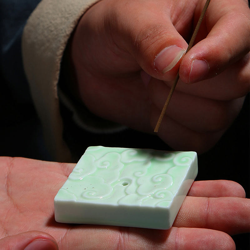 Mini Auspicious Clouds Ceramic Incense Burner – artisan hand-finishing green square holder with carved cloud motif, ceramic incense tray