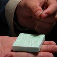 Mini Auspicious Clouds Ceramic Incense Burner – artisan hand-finishing green square holder with carved cloud motif, ceramic incense tray