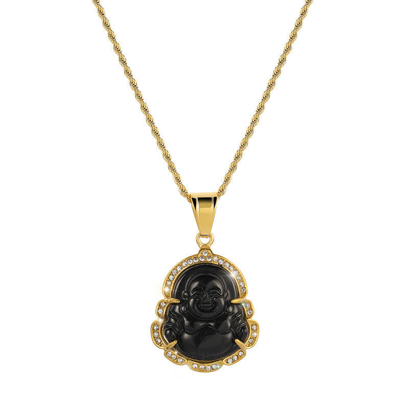 18K Gold Filled Laughing Buddha Jade Necklace – Model in evening wear, formal occasion spiritual jewelry
