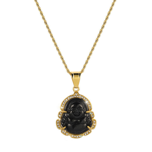 18K Gold Filled Laughing Buddha Jade Necklace – Model in evening wear, formal occasion spiritual jewelry