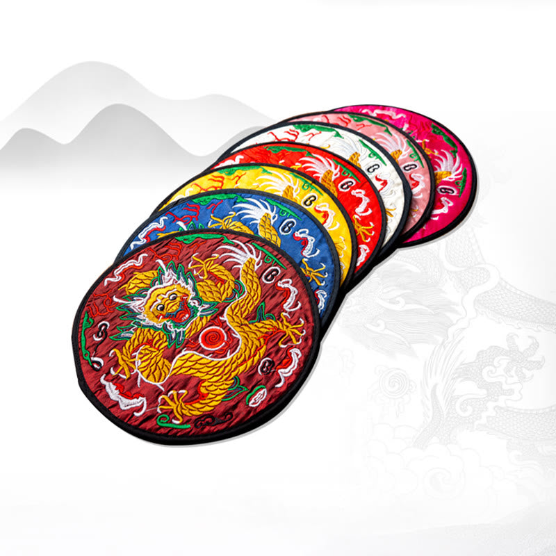Dragon Embroidery Tea Cup Coaster Mat - seven colors fanned on white mountain background, burgundy lead, gift set