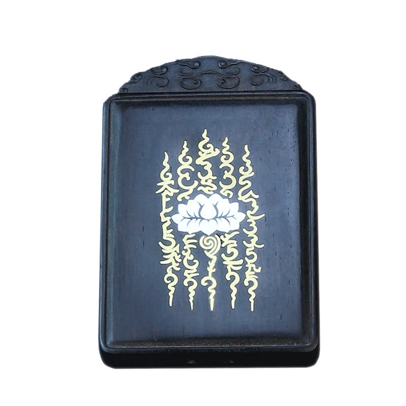 Ebony Wood Lotus Pendant – White background, carved cloud top detail, Sacred