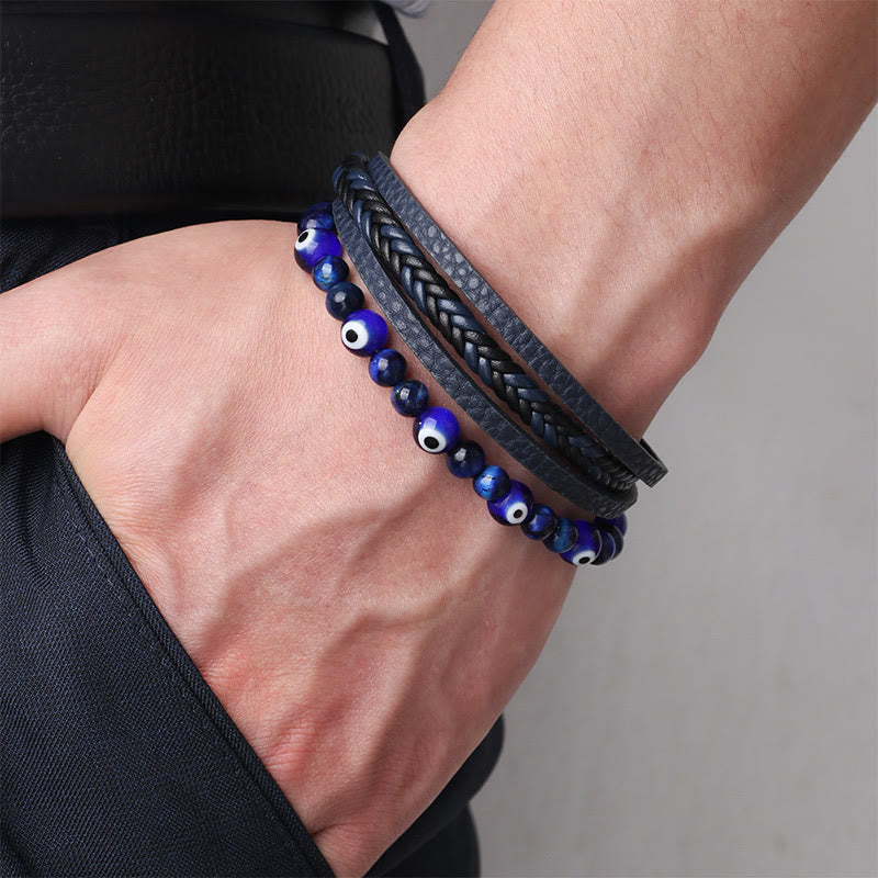 Evil Eye Tiger Eye Bracelet – Layered blue beaded leather bracelet worn on male wrist, casual style