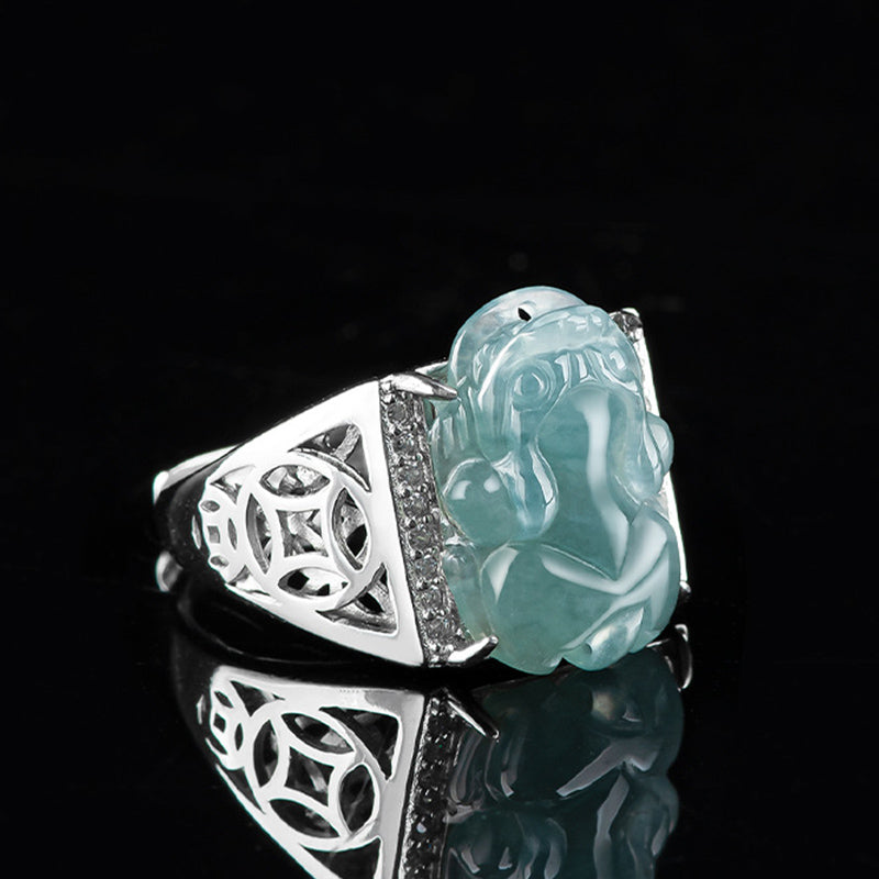 925 Sterling Silver Jade PiXiu Luck Ring – Front angle on black showing diamond pave and openwork pattern