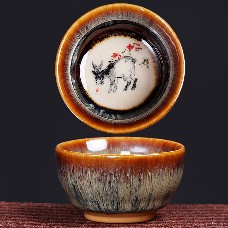 12 Zodiac Jian Zhan Teacup - Rooster zodiac ink-wash rooster, silvery-blue hare fur crystalline glaze, dual view