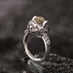 925 Silver PiXiu Ring – Oxidized silver pixiu with gold coin ball on black gravel, wealth amulet ring