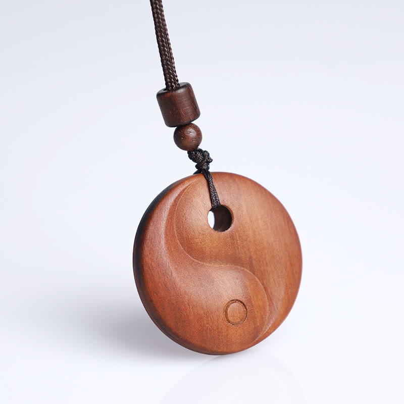 Lightning Struck Jujube Wood Yin Yang Luck Protection Necklace Pendant - Hand-carved wood yin-yang on white, luck pendant