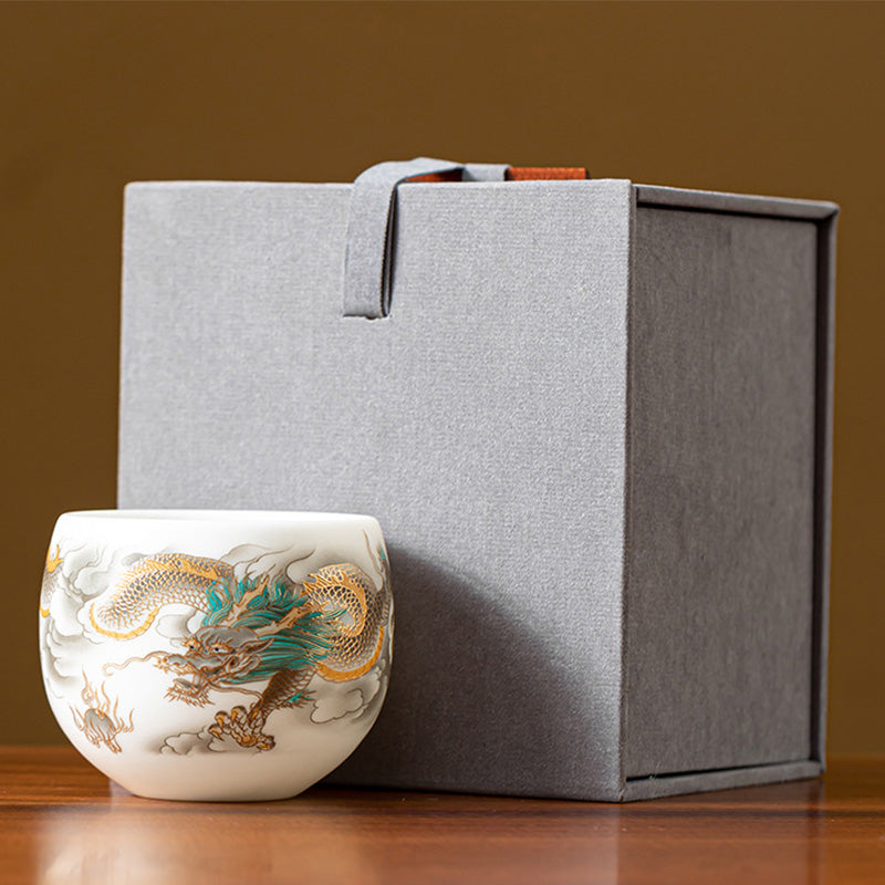 Dragon Phoenix Clouds Ceramic Teacup Gift Set – Gold and teal dragon cup with fabric gift box, leather handle