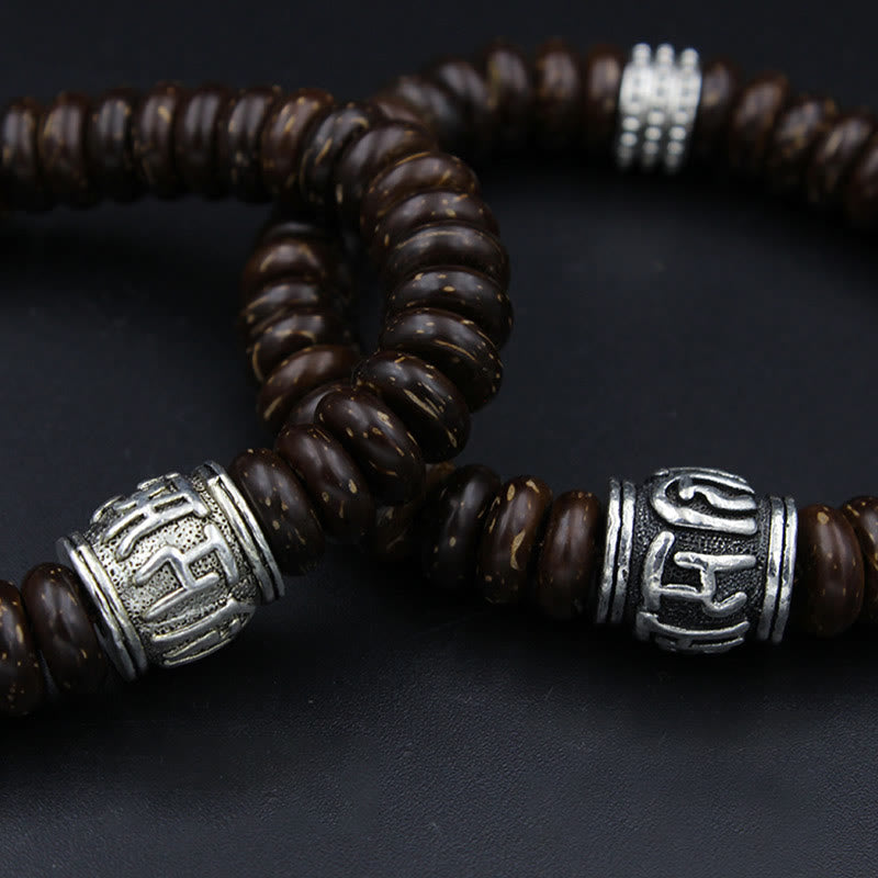 Om Mani Padme Hum Coconut Shell Bracelet – S-curve arrangement, silver geometric bead