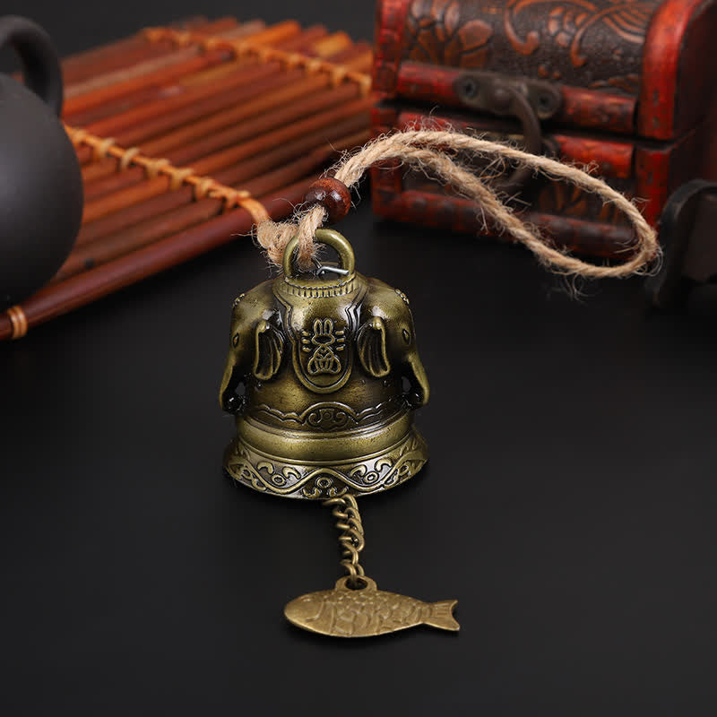 Feng Shui Wind Chime Bell - Four elephant head reliefs on bronze bell with teapot props, wisdom decor