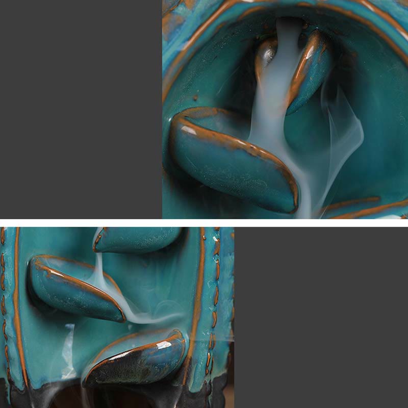 Cactus Backflow Incense Burner – turquoise tiered petals with copper edges, ceramic backflow burner