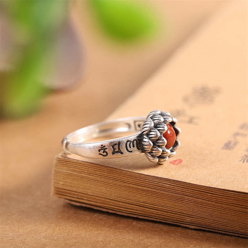 925 Silver Lotus Red Agate Ring – handcrafted oxidized silver lotus ring with carnelian, engraved mantra band on kraft paper, boho jewelry