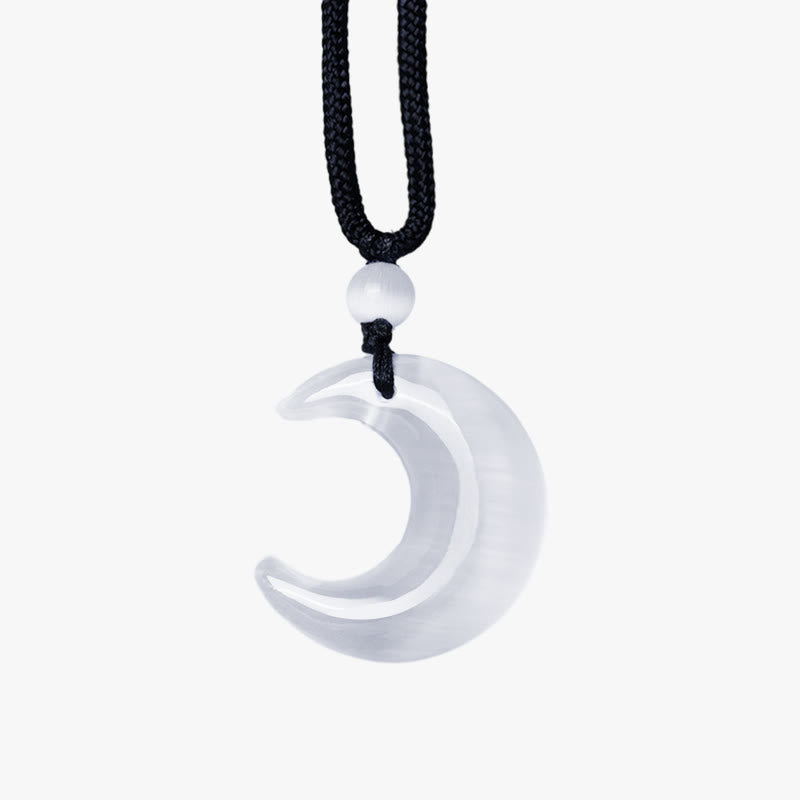 Silver Sheen Obsidian Yin Yang Pendant - Double crescent white selenite moon on white background, crystal pendant
