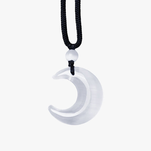 Silver Sheen Obsidian Yin Yang Pendant - Double crescent white selenite moon on white background, crystal pendant