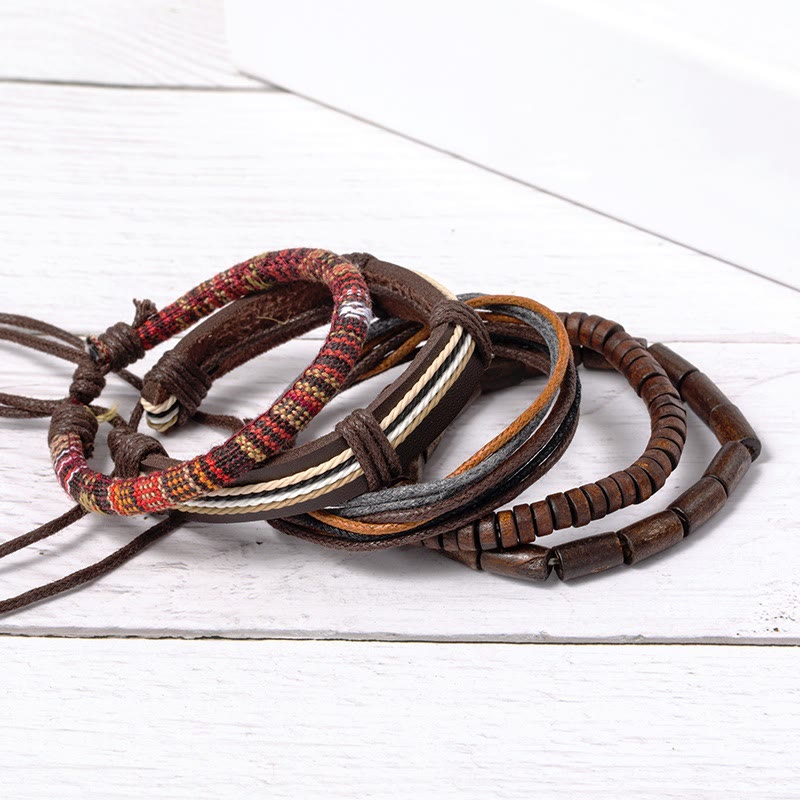 Red Sandalwood Hemp Leather Wrap Bracelet – four layered bracelets with leather beads and tribal weave, wood plank setting